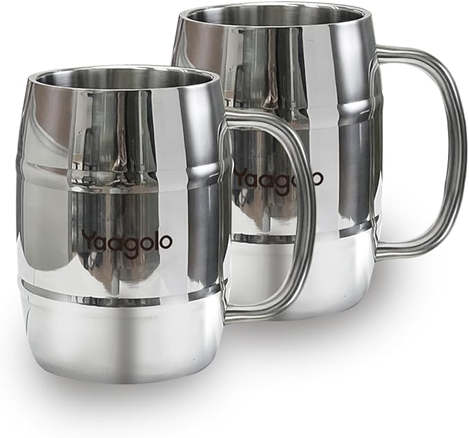 Beer Mug, 2 Pack 17oz Double Wall Stainless Steel Beer Stein with Handle, Insulated Stein Mug for Cold Drinks, Hot Coffee, Milk, Shatterproof Cups for Men Women, Gift for Beer Lovers