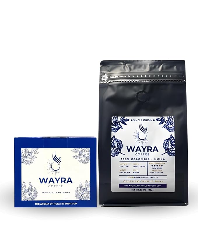 Wayra Whole Bean Colombian Coffee - Dark Roast - Castillo 100% Arabica Fresh Colombian Coffee - Huila Single Origin - Direct Trade - Low Medium Acid - Flavor Notes of Dark Chocolate, Panela and Walnuts Net Wt. 12 Oz (340 gr) Resealable Bag - Pour Over,...