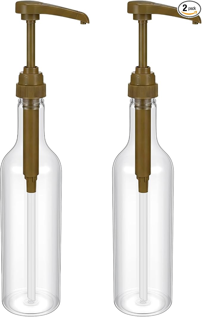 Maxdot 2 Pcs 25 oz Syrup Bottles with Pump Long Neck Bottles Plastic Syrup Pump Dispenser for Coffee Bar Accessories Home Party (Gold)