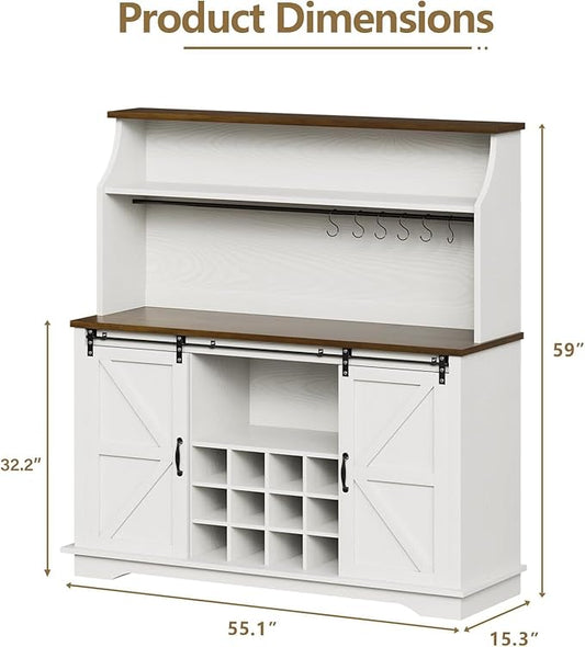 55 Inch Farmhouse Coffee Bar Cabinet with 3-Tier Enclosed Storage Cabinet, Kitchen Hutch with 12 Wine Racks & 3 Glass Holders, Coffee Bar with 6 Hooks, Wood Furniture for Dining Living Room, White