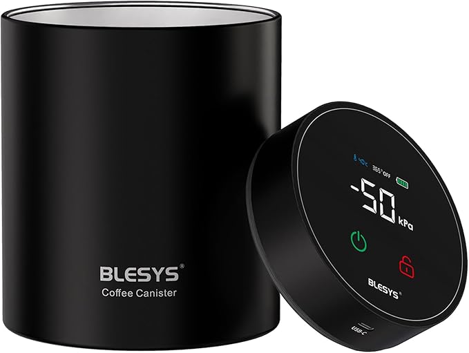 Smart Vacuum Coffee Canister, Automatic Stainless Steel Food Storage Container, LCD Monitoring, One-touch Freshness, Date Tracker, Extra-long Standby Time, holds 16oz Coffee Beans (Black, 1.3L)