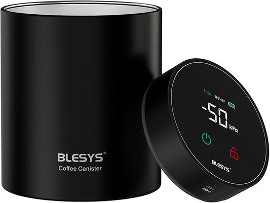 Smart Vacuum Coffee Canister, Automatic Stainless Steel Food Storage Container, LCD Monitoring, One-touch Freshness, Date Tracker, Extra-long Standby Time, holds 16oz Coffee Beans (Black, 1.3L)