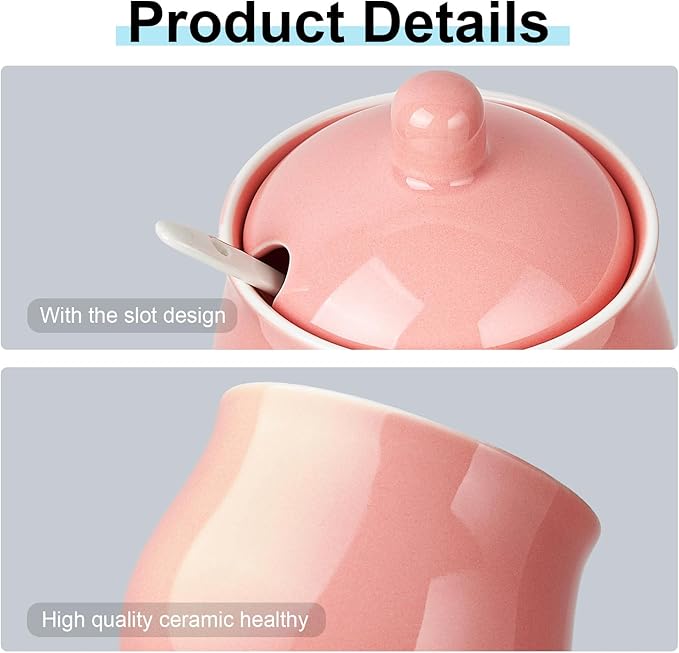 12 OZ Ceramic Sugar and Creamer Set, Coffee Serving Set, 3 Piece Cream Pitcher Sugar Bowl with Lid and Spoon (Pink)