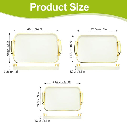 3 Pack Serving Tray with Handles, Stackable Reusable Trays for Serving Food, Plastic Serving Platters for Party, Charcuterie, Fruit, Appetizer, Cream Gold