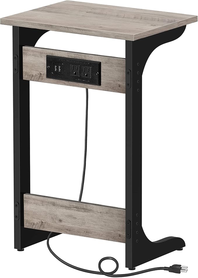 TUTOTAK C Shaped End Table with Charging Station, Side Table, Couch Table for Small Spaces, Tv Tray Table with 2 USB Ports and Outlets, Living Room, Bedroom TB01BG044