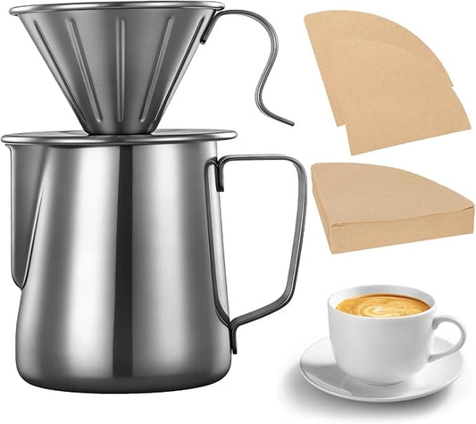 ZALIR Pour Over Coffee Maker, 304 Stainless Steel Dripper with 20 oz Frothing Pitcher & 100 Paper Filters for Rich Flavor, Portable Manual Coffee Brewer Set for Kitchen, Camping