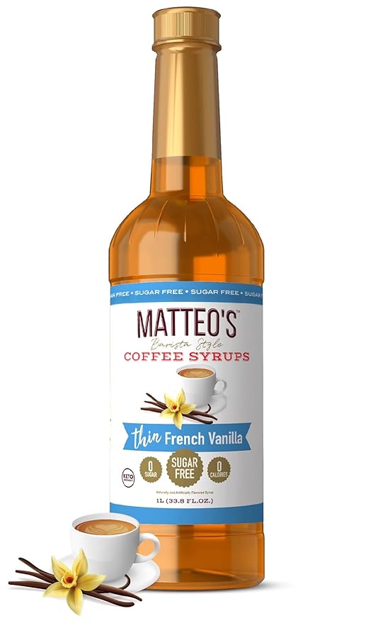 Matteo's French Vanilla Syrup for Coffee, Lattes, Cappuccinos & Desserts – Sugar-Free Sweetener for Beverages, Keto Friendly, Zero Calories, Indulgent Flavor, Non-Alcoholic, 33.8oz (1pk)