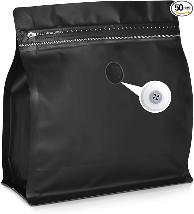 50 Count 8oz Coffee Bags with Valve,1/2 lb Vented Coffee Beans Packaging Bags High Barrier Aluminumed Foil Flat Bottom Heat Sealed Side Zipper Resealable Storage Bag for Home or Business（Black）