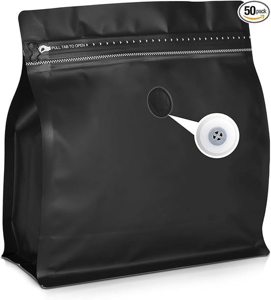 50 Count 8oz Coffee Bags with Valve,1/2 lb Vented Coffee Beans Packaging Bags High Barrier Aluminumed Foil Flat Bottom Heat Sealed Side Zipper Resealable Storage Bag for Home or Business（Black）