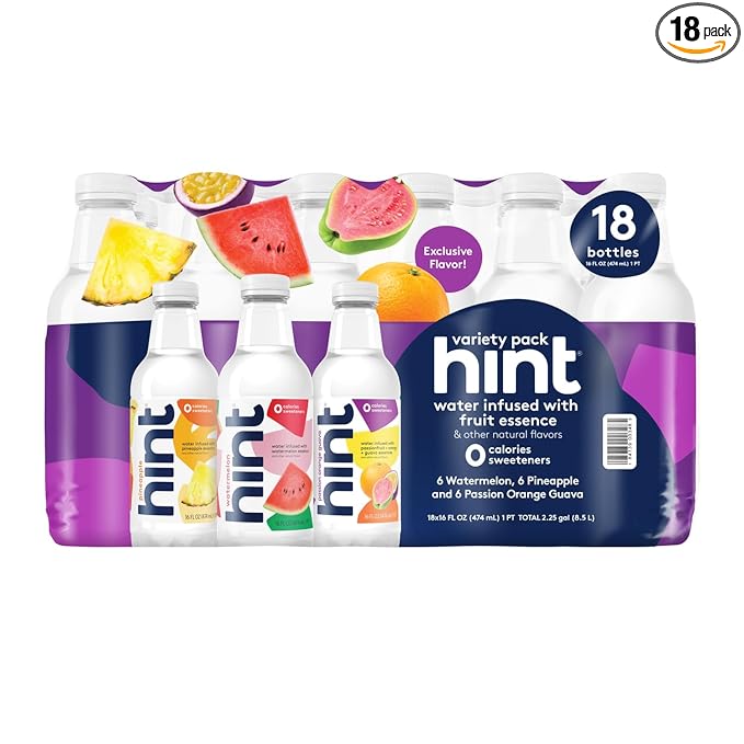 Hint Fruit-Infused Flavored Bottled Water, 3-Flavor Mega Variety Pack - Purified Water Beverages with Zero Calories, Natural Flavors, and Sugar Free - 16 Fl Oz (Pack of 18)