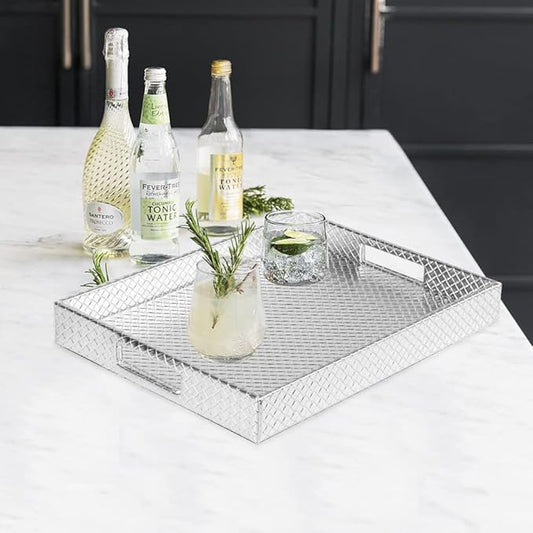 HofferRuffer Rectangle Serving Tray with Hole Handles for Coffee Table, Breakfast, Tea, Food, Butler - Countertop, Kitchen, Vanity Serve Tray, 16.2 x 12.2 x 2 inches, Faux Leather (Silver) (Pack of 2)