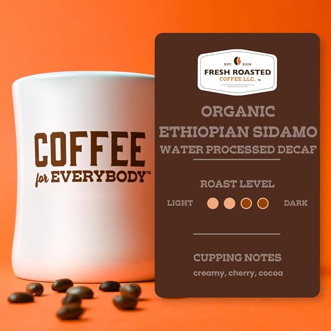 Fresh Roasted Coffee, Organic Ethiopian Sidamo Water-Processed Decaf | USDA Organic, 100% Single Origin, Kosher | Medium Roast 12 oz Whole Bean