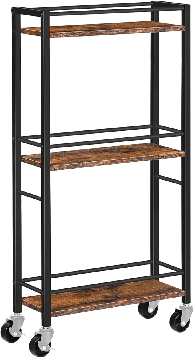 Slim Rolling Cart, Mobile Kitchen Cart on Wheels, Narrow Storage Cart for Small Space, Wooden Service Cart, for Bathroom, Laundry, Living Room, Rustic Brown RCHR1501Z