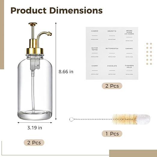 2Pcs Coffee Syrup Dispenser with Pump, 8.66 in/22 cm, 2 Gold Pumps, Includes 2 Labels, 1 Brush and 1 Funnel,Syrup Bottles for Coffee Bar,Syrup Container Dispenser,Homemade Syrup Set