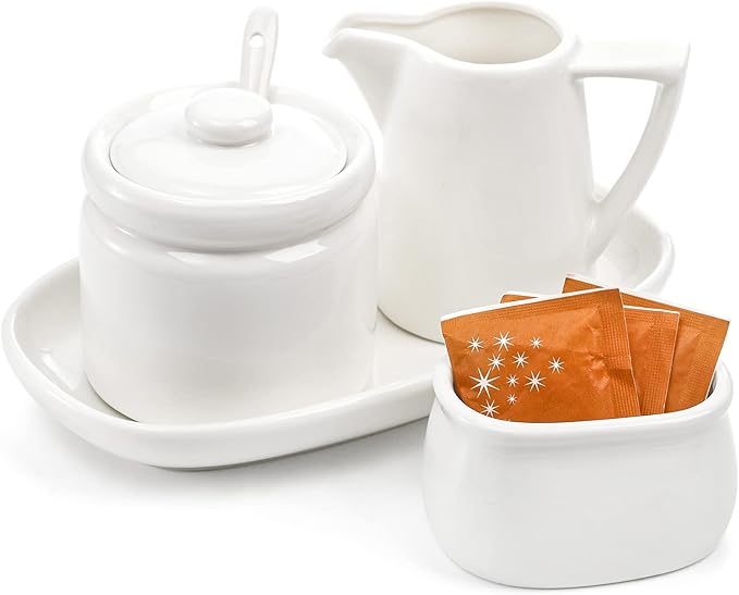ZENFUN Set of 4 Porcelain Creamer and Sugar Set with Saucer, Sugar Bowl with Lid and Spoon, Cream Pitcher, Sweetener Holder, Coffee Serving Set for Kitchen Home Cafe Christmas Party, Restaurant