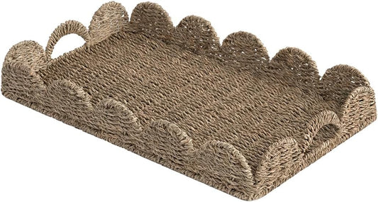 StorageWorks Large Wicker Scalloped Edge Serving Tray, Rectangle Tray with Built-in Handles, Hand-Woven Scalloped Rattan Tray, Wicker Trays for Décor, Natural Seagrass