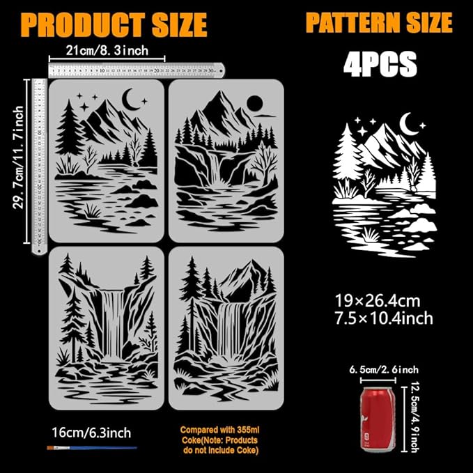 FINGERINSPIRE 4PCS Mountains Waterfalls Stencils with 1Pc Brush 8.3x11.7inch Mountain Landscape Stencils Waterfalls Nature Scenery Painting Template for Painting on Wood Wall Fabric Furniture