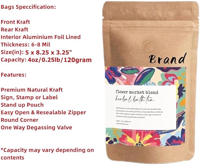 4 Ounce 50 Pieces Coffee Bags with Ziplock - High Barrier Natural Kraft Paper Stand up Coffee Pouches with Air Release/One Way Degassing Valve & Reusable Zipper (50, 4oz/0.25lb/120gm)