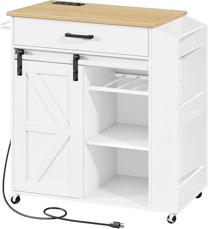 HOOBRO Kitchen Island on Wheels, Rolling Island Cart with Power Outlet, Kitchen Storage Table with Sliding Barn Doors, 1 Drawer and Spice Rack, for Home, Dining Room, White WN60UZD01