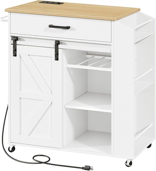 HOOBRO Kitchen Island on Wheels, Rolling Island Cart with Power Outlet, Kitchen Storage Table with Sliding Barn Doors, 1 Drawer and Spice Rack, for Home, Dining Room, White WN60UZD01