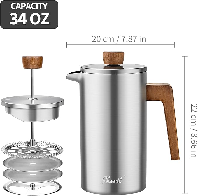 shoxil French Press Coffee Maker, 34oz Stainless Steel Coffee Press Real Wood Handle, Double Wall Insulated French Coffee Press with Dual-Filter Screen, Perfect for Camping & Kitchen Use