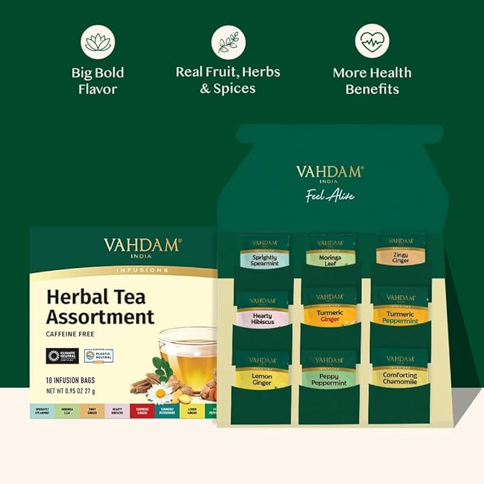 VAHDAM, Assorted Herbal Tea Sampler (18 Tea Bags, 9 Flavors) Caffeine-Free, Non-GMO | Double Infusion, Individually Enveloped Tea Bags | Herbal Tea Assortment | Valentines Day Gifts for Him & Her