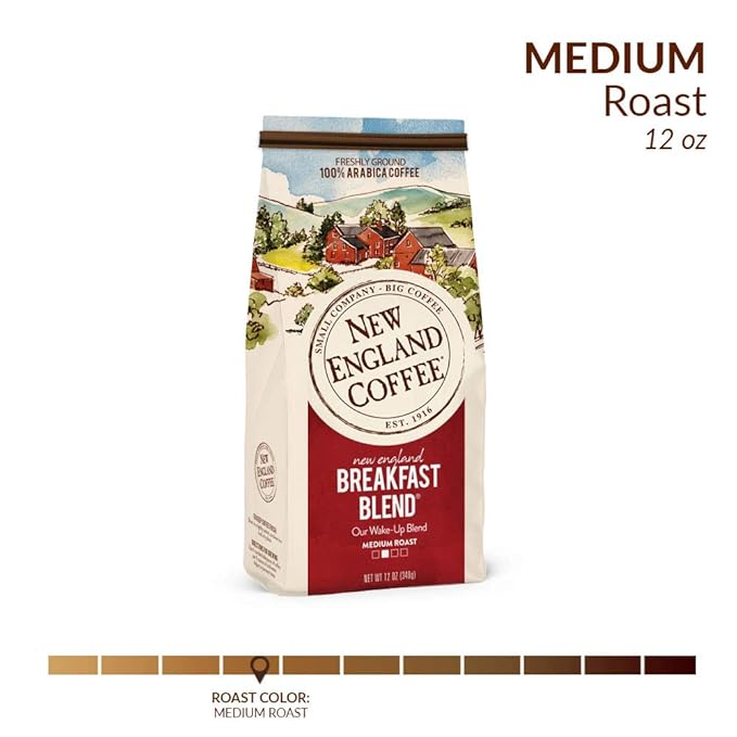New England Coffee Breakfast Blend Medium Roast Ground Coffee, 12oz Bag (Pack of 1)