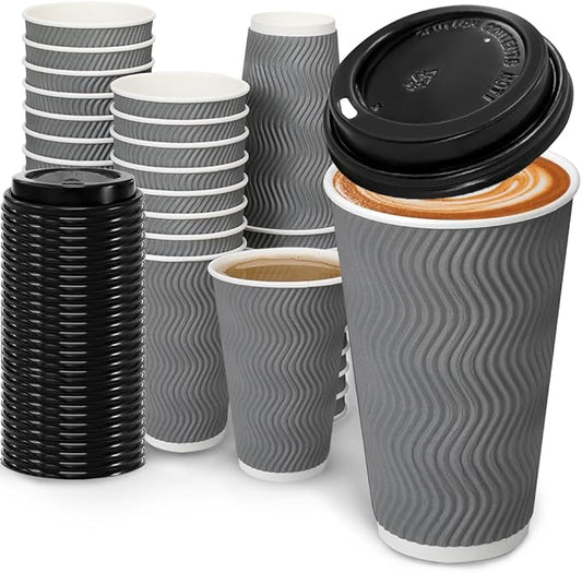 BYSNOW 16 oz Coffee Cups with Lid, 100 Pack Disposable Coffee Cups Insulated Ripple Paper Cups for Water, Juice, Coffee (Gray 16 oz)