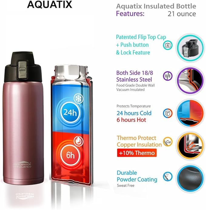 Aquatix (Rose Gold, 21 Ounce) Pure Stainless Steel Double Wall Vacuum Insulated Sports Water Bottle with Convenient Flip Top - Keeps Drinks Cold for 24 Hours, Hot for 6 Hours