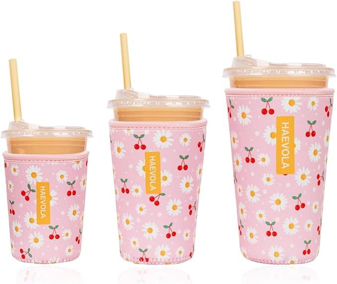 Reusable Insulated Neoprene Iced Coffee Cup Sleeve, Durable Drink Sleeve for Cold Beverages, Beverage Holder for Iced Coffee, Cherry Daisies