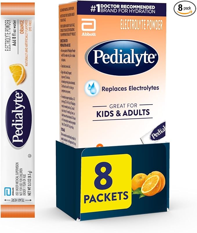 Pedialyte Electrolyte Powder, Hydration Drink for Kids & Adults, Orange, 8 Powder Packets