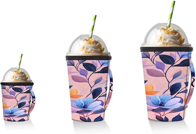 Reusable Iced Coffee Cup Sleeve Blue Flowers Leaves Neoprene Insulated Sleeves Cup Holder with handle Idea for 30oz - 32oz