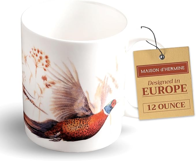 Maison d' Hermine Coffee Mug with Handles Fine Bone China Mugs Pack of One Tea Cups for Hot Beverages Cappuccino Latte Home Restaurant Office Perfect for Gift (Faisan D'Automne - Vol Libre, 12 Ounce)