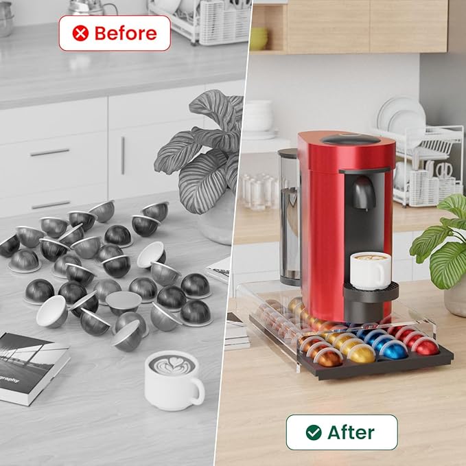 Coffee Pods Storage for Nespresso Vertuo Capsules Organizer, with Arcylic Top & Plastic Drawer, Holds 40 Pods