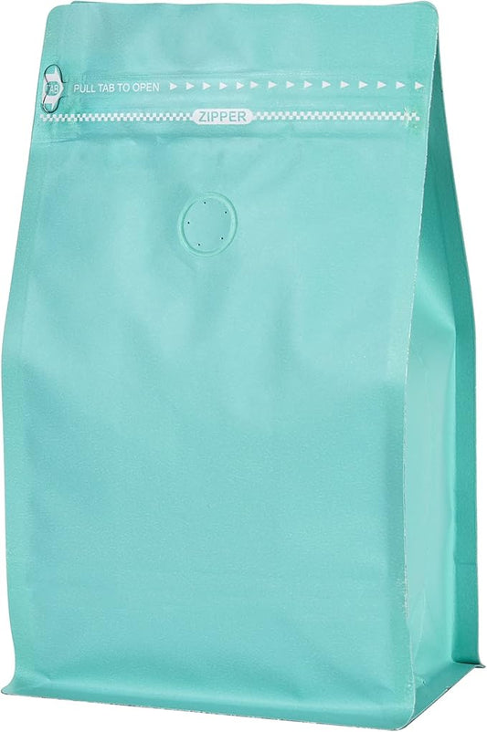 Blue Kraft Paper Coffee Bags with One Way Degassing Valve, Resealable Coffee Pouches with Flat Bottom & Pull Tab Zipper (100, 16oz, 1lb, 500gram)