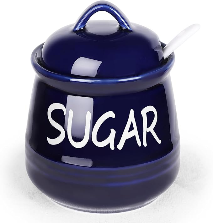 HAOTOP Porcelain Sugar Bowl with Lid and Spoon 12 oz (Navy)