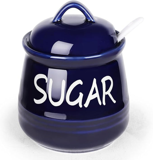 HAOTOP Porcelain Sugar Bowl with Lid and Spoon 12 oz (Navy)