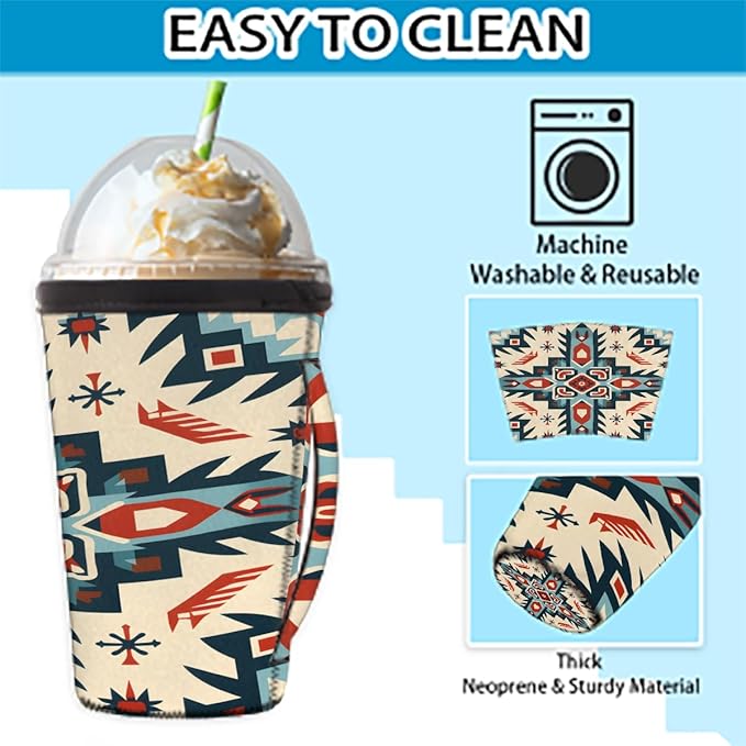 Reusable Iced Coffee Cup Sleeve Aztec Western Neoprene Insulated Sleeves Cup Holder with handle Idea for 30oz - 32oz