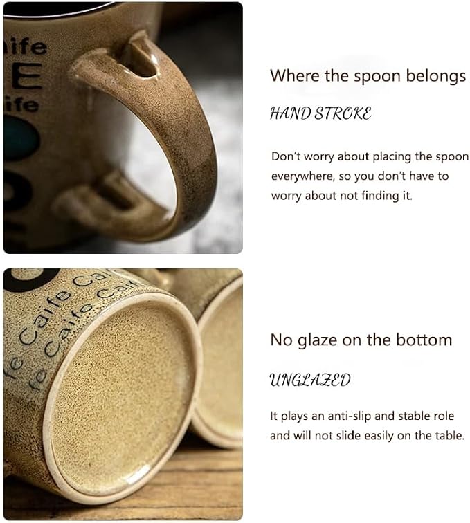Ceramic Coffee Cup with Spoon and Lid, 12 oz Coffee Mug, Microwave Dishwasher Safe, Cup for Latte, Hot Tea, Cappuccino, Farmhouse Mug Novelty Rustic Glaze Cup, Christmas Gift Letter Khaki