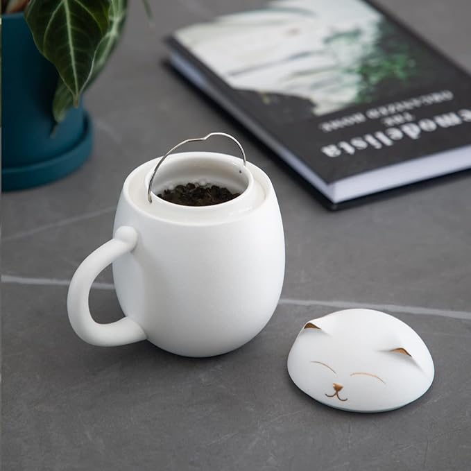 HEER Cat Tea Cup with Infuser and Lid, Cute Tea Mug with Strainer for Steeping Loose Leaf, Ceramic Teacup Birthday Christmas Cat Lover Gifts for Women, Men, Mom, Sisters, besties. (White)