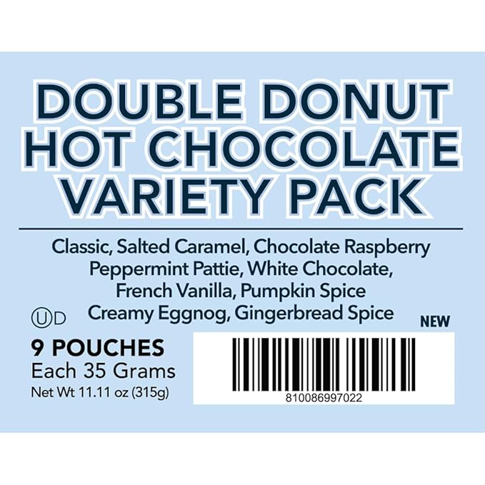 Double Donut Flavored Hot Chocolate Packets Variety Pack, 9 Count Includes Classic, Chocolate Raspberry, Salted Caramel, Peppermint, Eggnog & Gingerbread (Pack of 2)