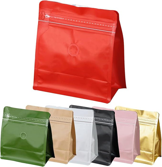 50 Pcs 0.5lb red Sqaure Coffee Bean Bags with Valve, Easy Tear Open & Repeating Sealed Zipper, Heat-Seal Stand Up & Flat Bottom Coffee Bag, 8oz Capacity 7.6.1x6.5 Inch
