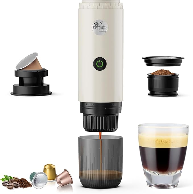 Portable Espresso Machine, Travel Coffee Maker for Camping, Car Coffee Maker Self-Heating with USB-C, 2 in 1 With Ground Coffee & NS Capsule for RV, Hiking, Office,Christmas Gifts for Men(White)