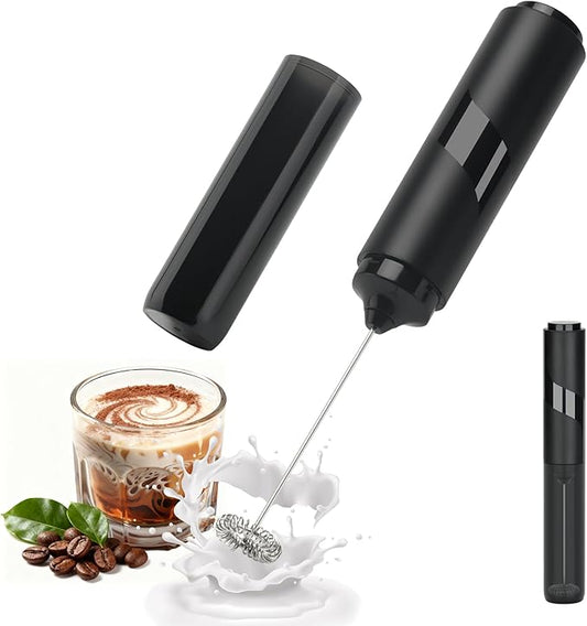 Handheld Milk Frother, Battery Operated Electric Foam Maker, Milk Frother Wand Drink Mixer with Stainless Steel Whisk for Coffee, Matcha, Lattes, Cappuccino (Black with cover)
