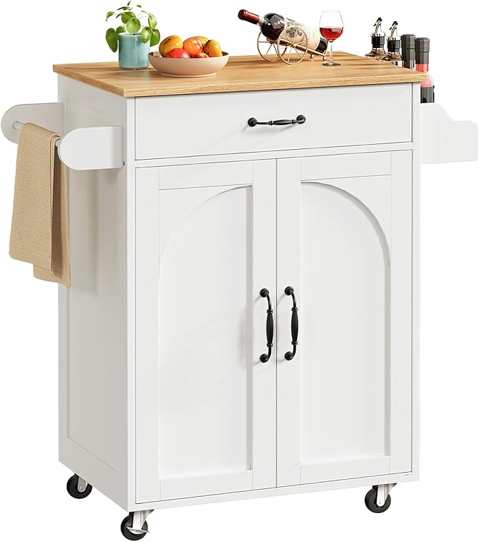 Kitchen Island Cart, Small Kitchen Island with Storage Cabinet and Drawer, Rolling Kitchen Cart on Wheels with Spice Rack and Towel Rack, for Kitchen, Dining Room, White and Natural