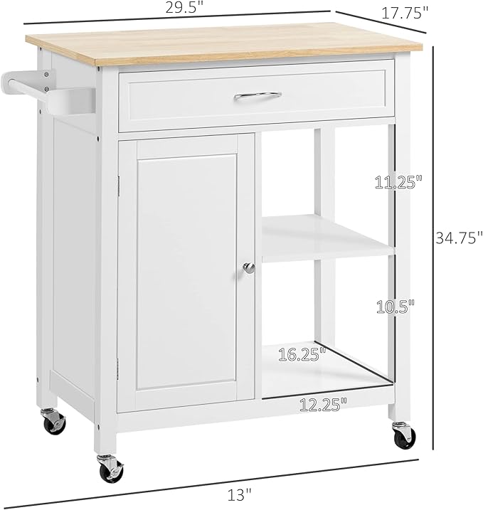 HOMCOM Kitchen Island Cart, Rolling Kitchen Island with Storage Shelf, Solid Wood Top, Drawer, for Dining Room, White