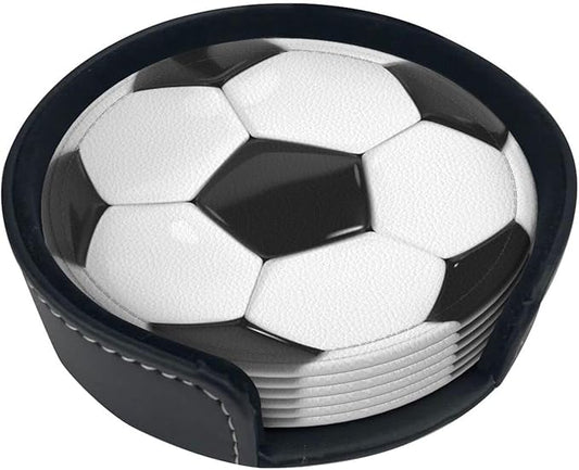 Football Soccer Coasters for Drinks with Holder Leather Coasters Set of 6 for Coffee Table