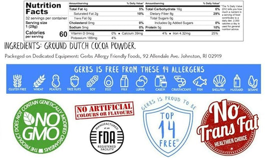 Gerbs Dutch Cocoa Powder 2 lbs. | 22-24% Cocoa Butter Fat, Resealable Bag | Rich, Smooth Dutch Process | Top 14 Allergen-Free