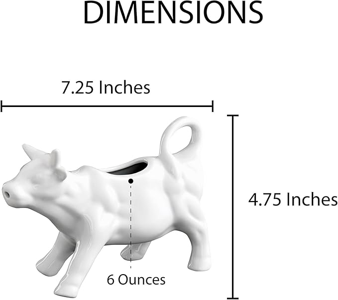 HIC Kitchen Cow Creamer with Handle, Fine Porcelain, 6-Ounce, for Serving Milk, Cream, Syrup, Dressings, and Sauces