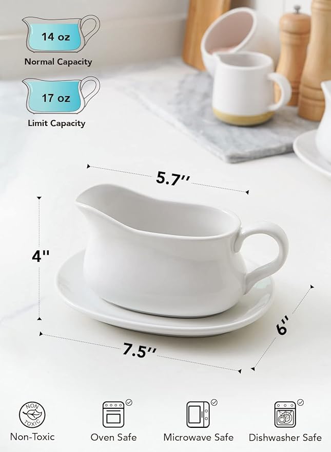 LE TAUCI 17oz Gravy Boat with Saucer Stand, Set of 1, Ceramic Sauce Boat with Tray for Salad Dressings, Creamer, Broth, Black Pepper, White